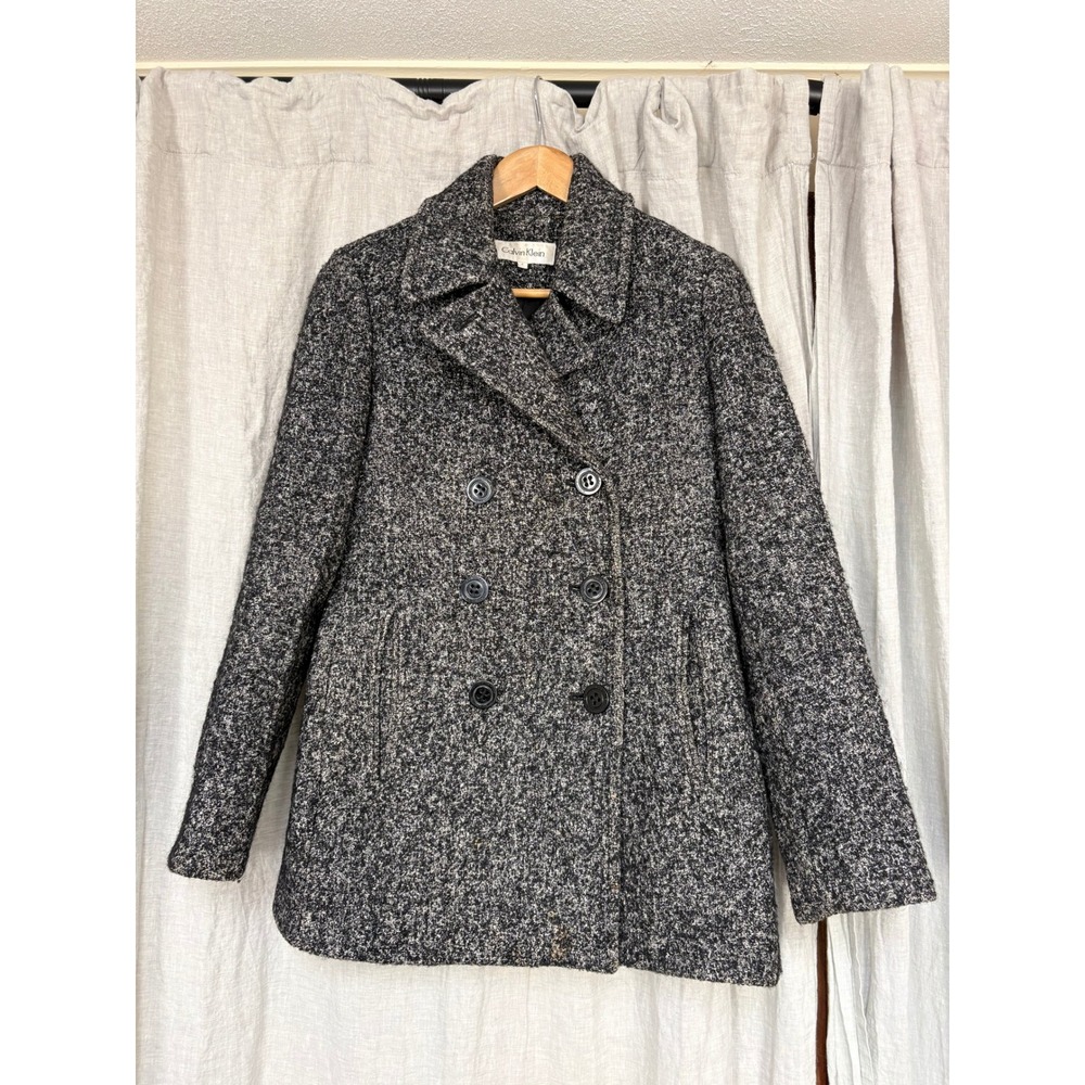 Calvin Klein Womens Black White Tweed Wool Blend Double Breasted Pea Coat Jacket